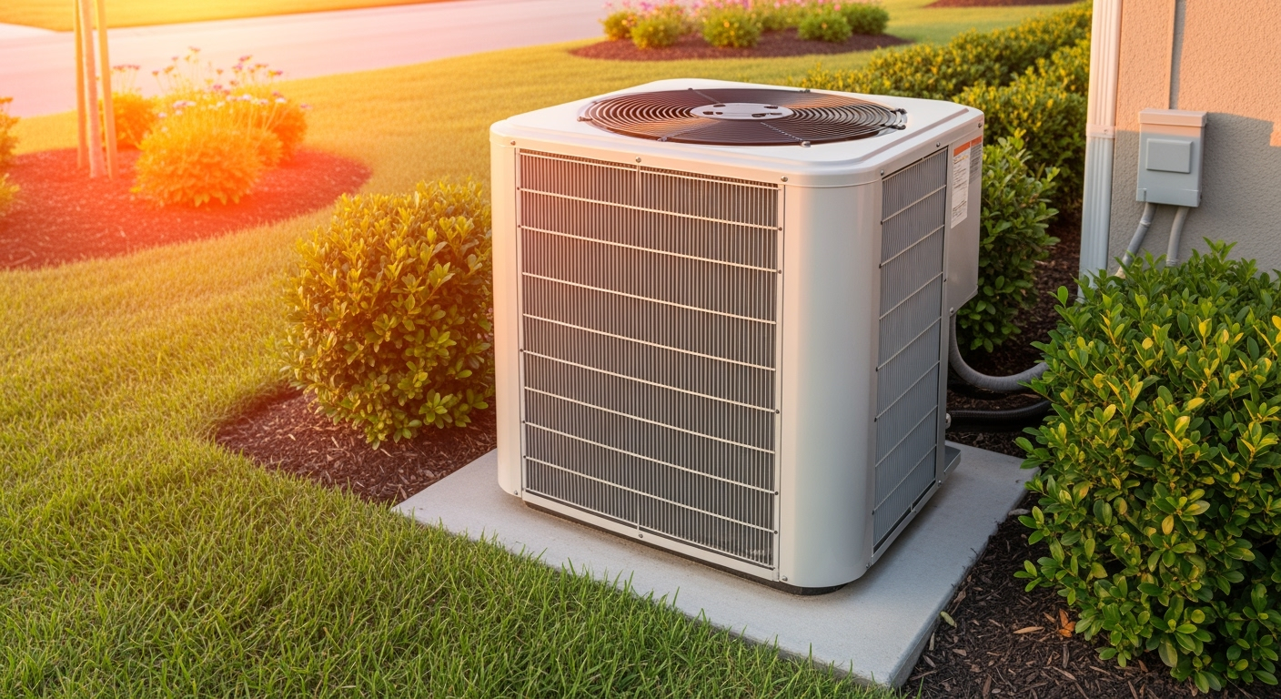 Air conditioner unit beside green bushes.