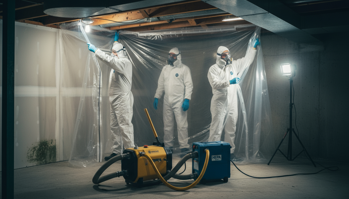 Workers in protective gear remediating mold.