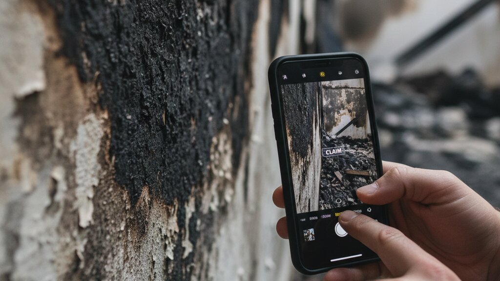 Fire claim documentation photographing damage for insurance settlement