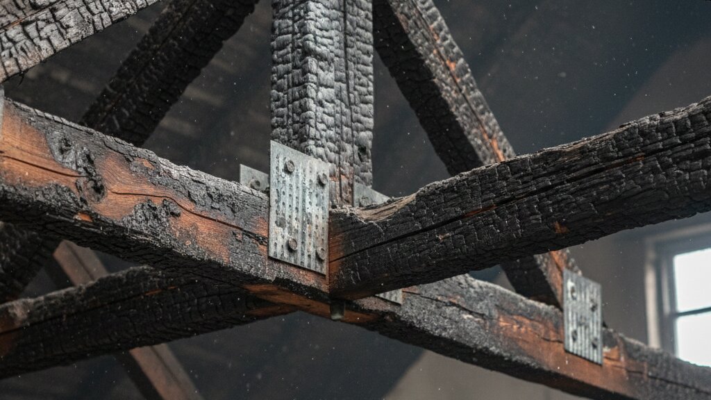 Structural fire damage charred roof truss fire damage evaluation