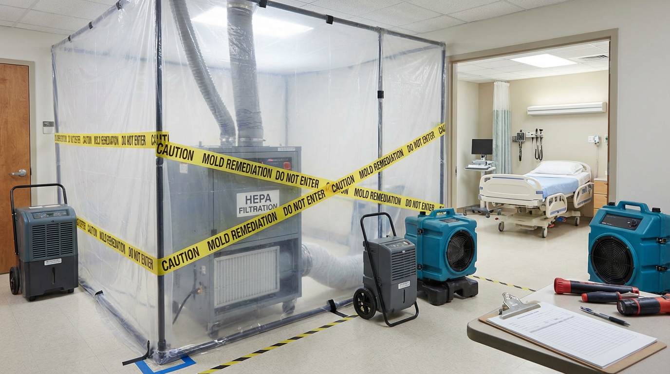 Hospital mold remediation containment barriers and HEPA air filtration equipment protecting patient areas
