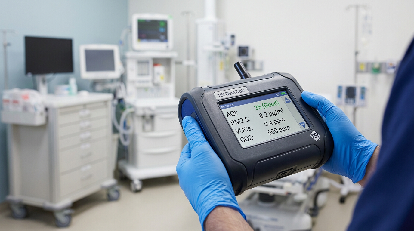 Air quality testing device measuring mold spore levels during medical facility mold removal in Fairfield