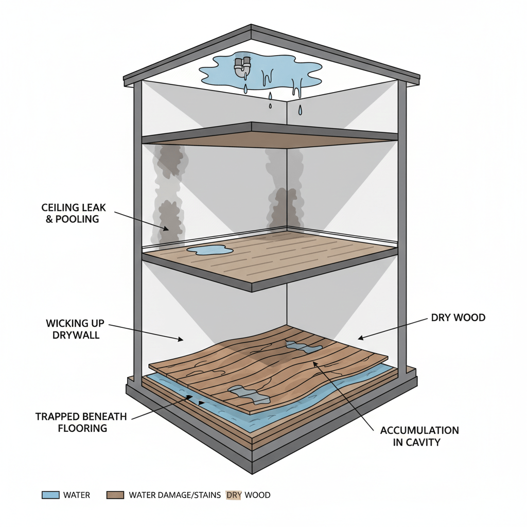 Water damage behind walls illustration showing hidden damage pathways