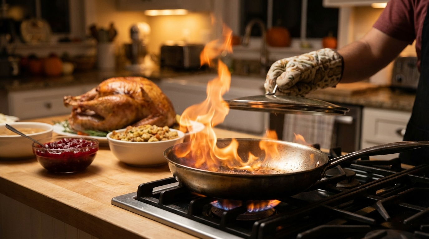 Grease fire damage repair starts with prevention - dangerous stovetop flare-up during holiday cooking