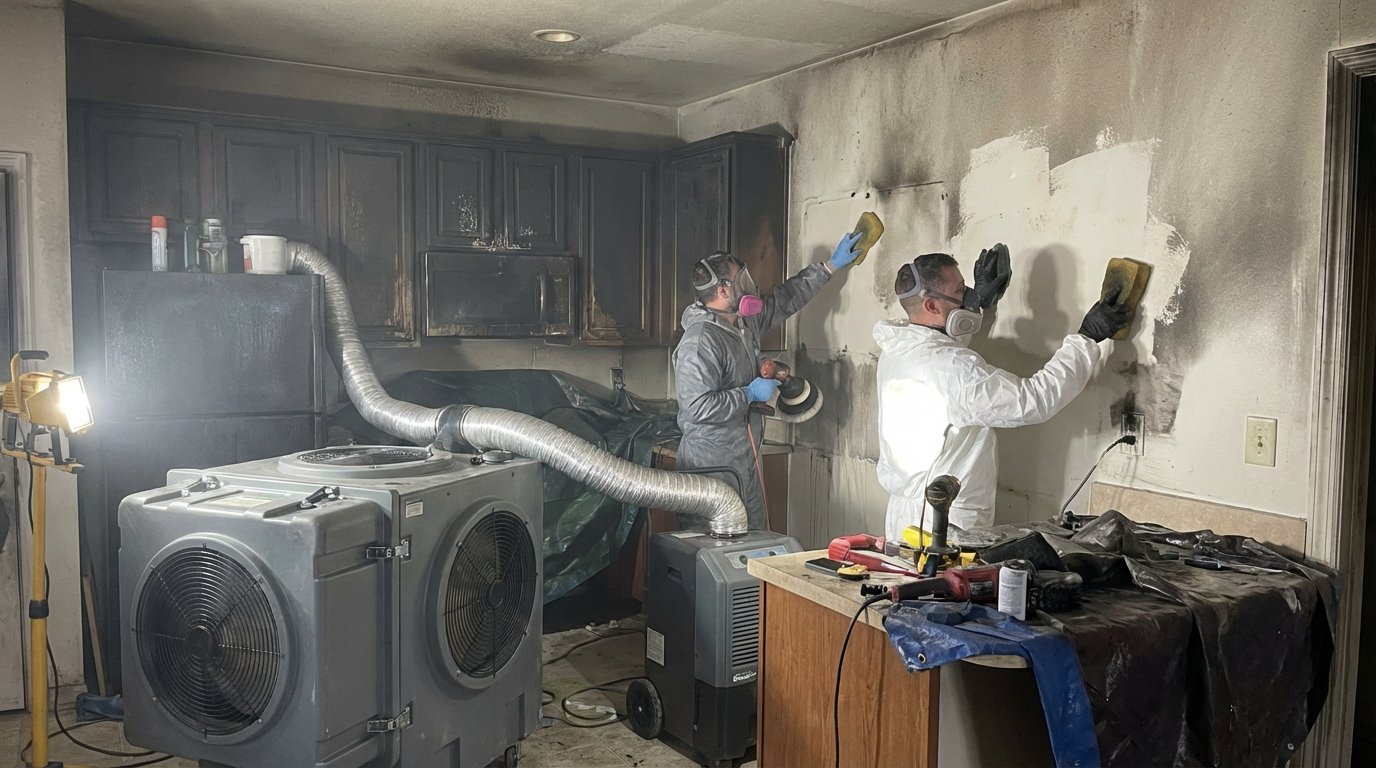 Professional kitchen fire cleanup equipment used during cooking fire restoration process