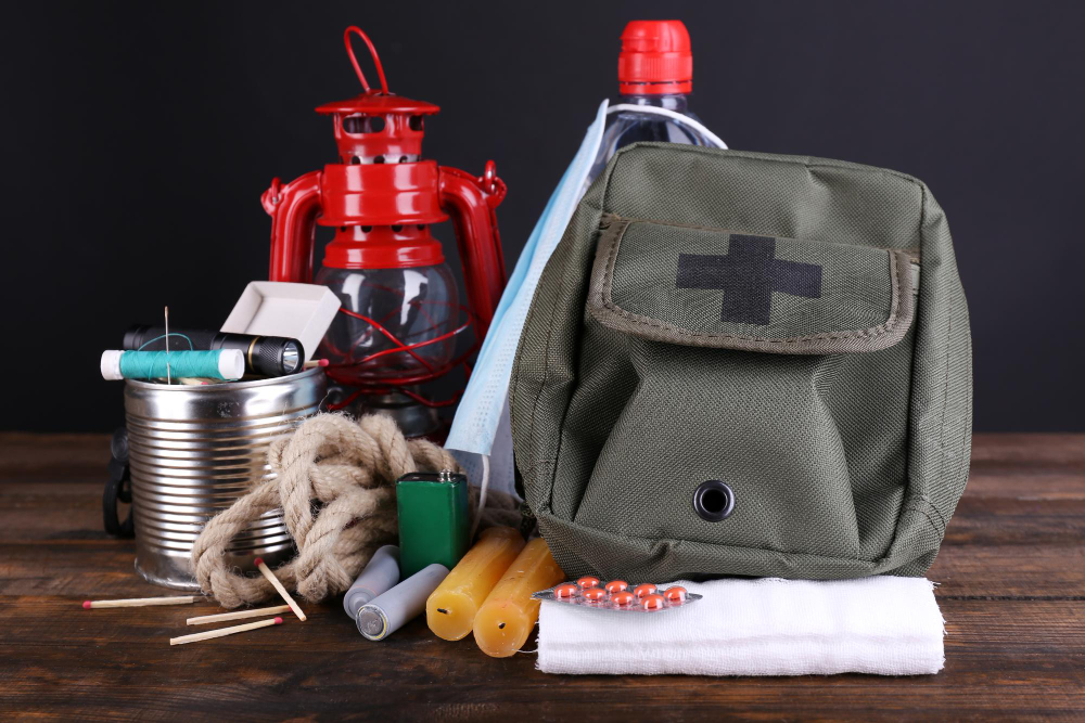 Emergency disaster kit water and food supplies for 72-hour family survival