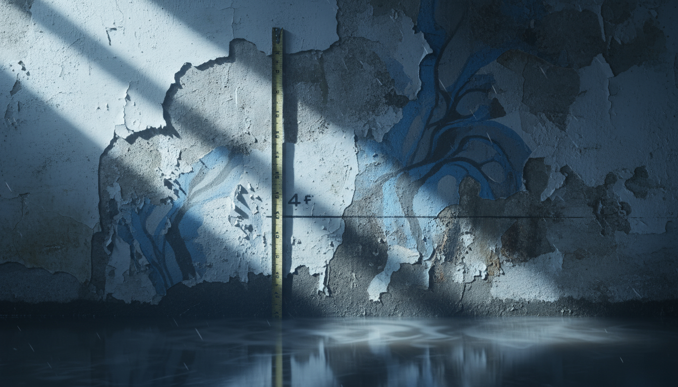 Measuring tape documenting water damage height on wall for insurance claim