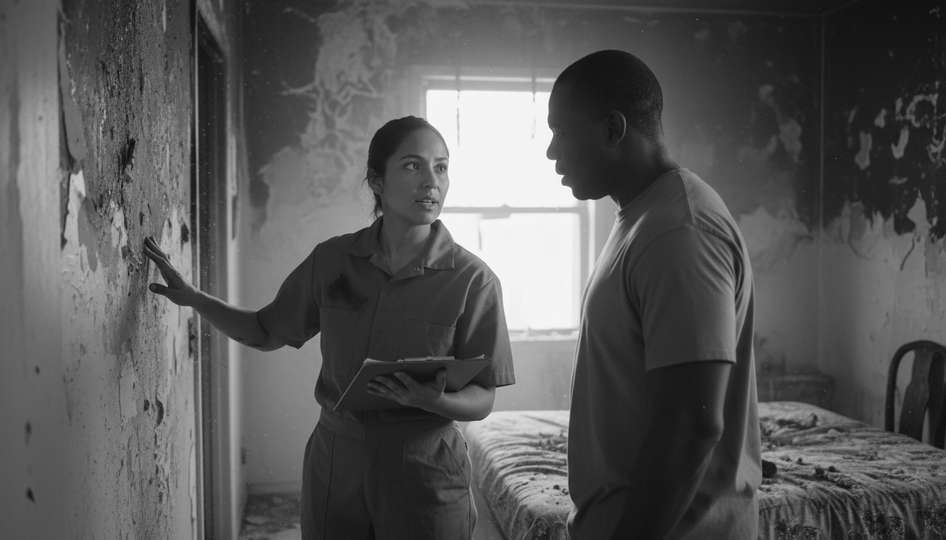 Professional restoration expert helping homeowner with disaster damage assessment