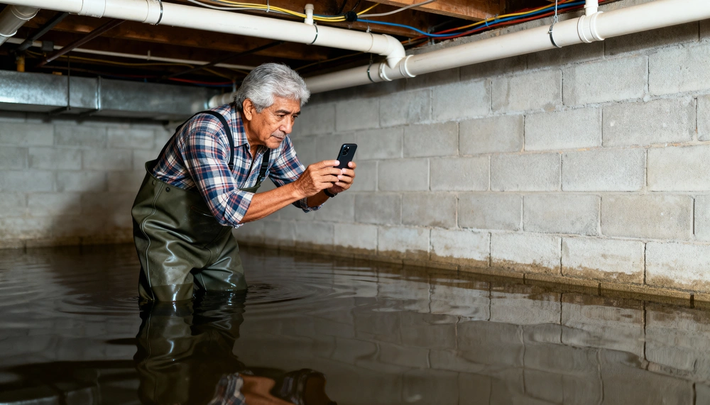 Documenting basement water damage with smartphone for insurance claim