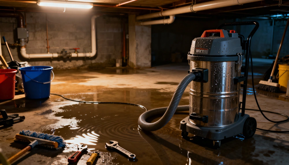 Using wet dry vacuum for basement flood water removal