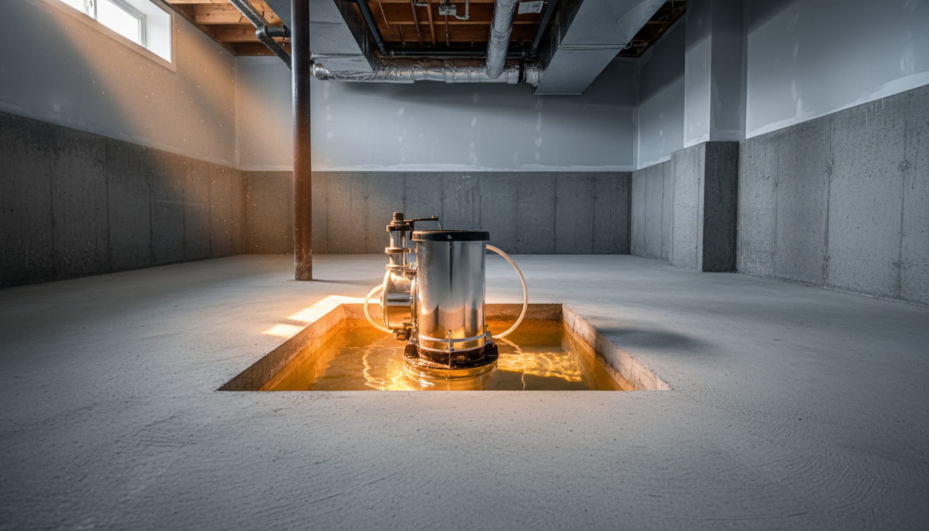 Sump pump system in basement preventing flooding during storms