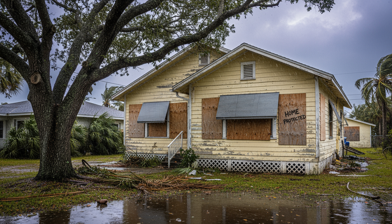 Home with boarded windows protected for incoming storm and hurricane