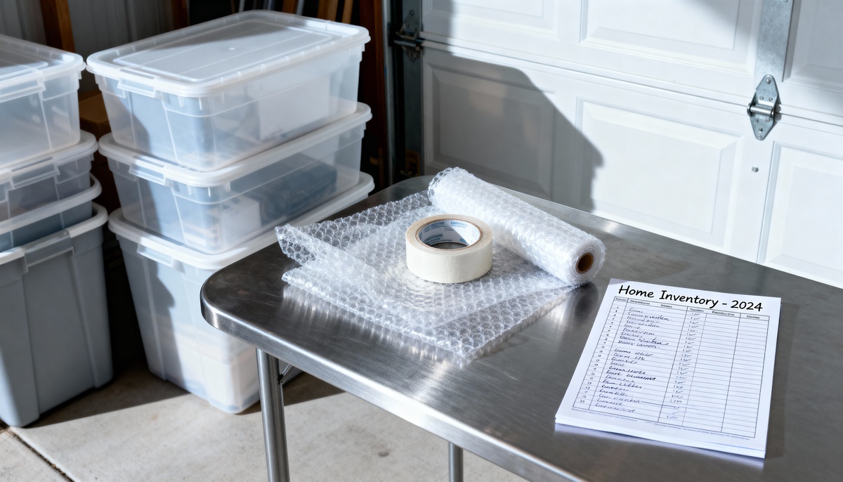 Properly labeled storage bins and packing materials for contents protection during restoration