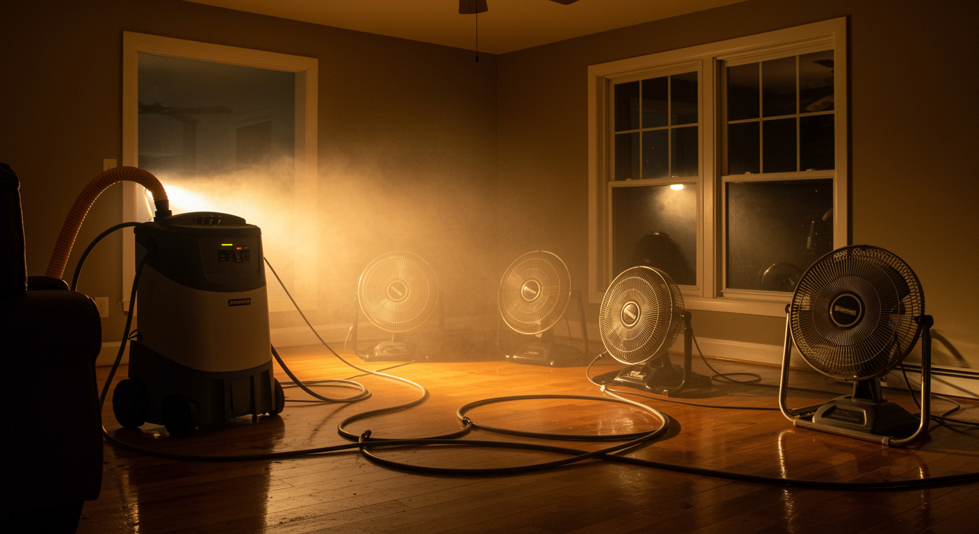 Proper equipment setup for drying water damaged areas with dehumidifier and air circulation fans