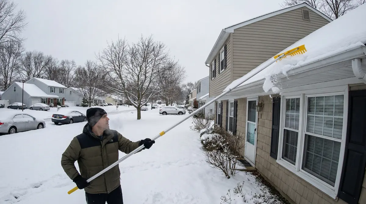 Fairfield NJ homeowner using roof rake to prevent ice dam roof leak formation