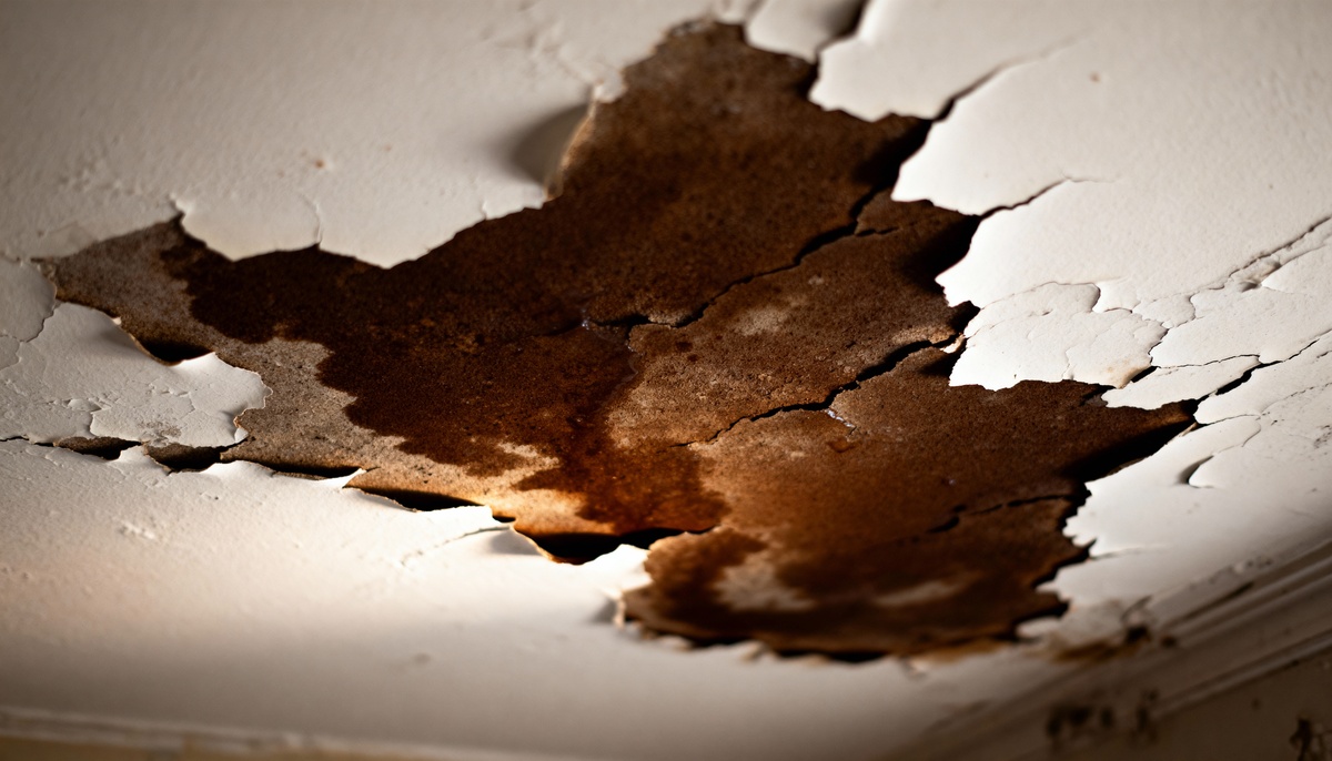 Water damage detection - ceiling stain showing leak signs and moisture indicators
