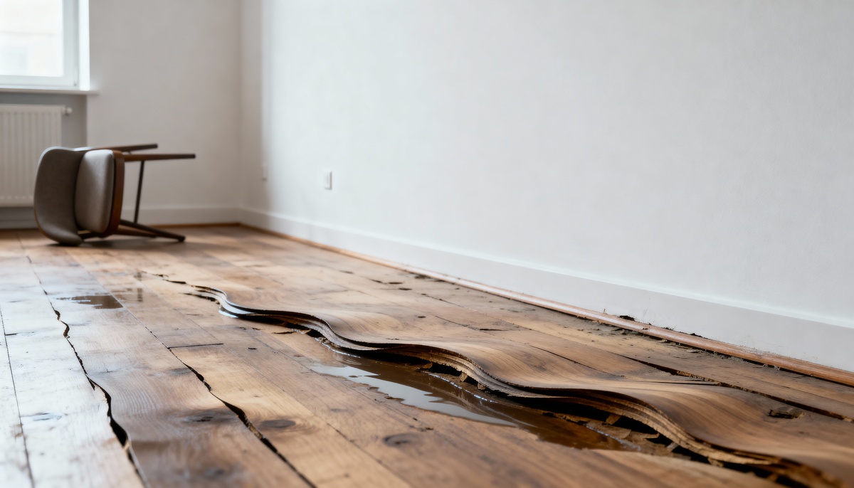 Hardwood floor water damage warning signs including cupping and warping