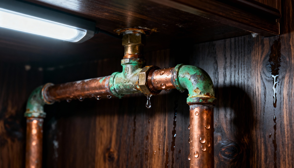 Leak signs under sink - common water damage detection area in homes
