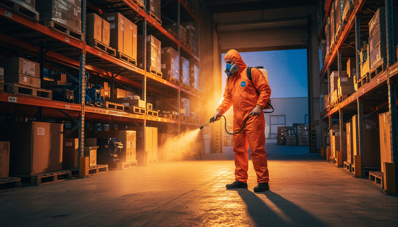 Professional technician performing infection control disinfection services in commercial property