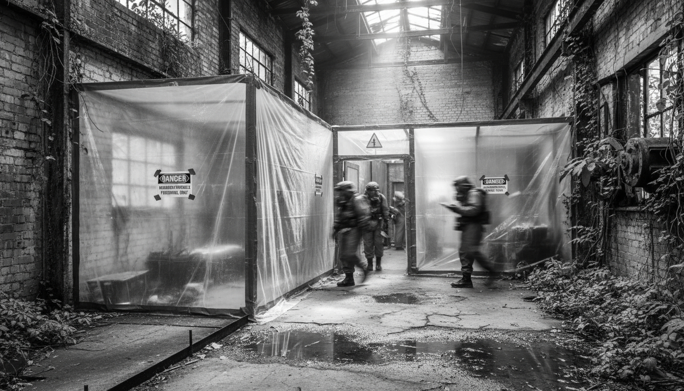 Professional containment barriers and sealed work area for hazardous material abatement