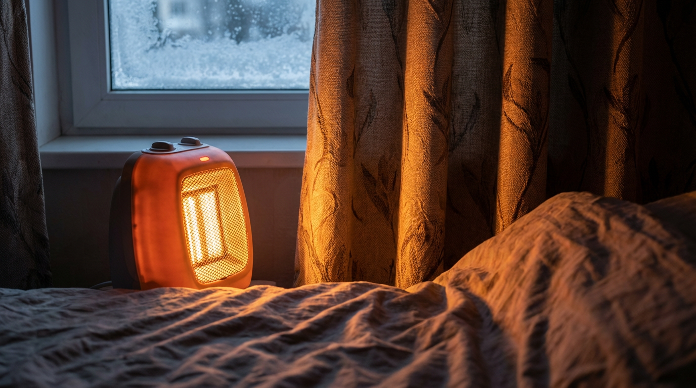 Space heater placed too close to curtains representing common house fire causes during winter in Harrisburg homes