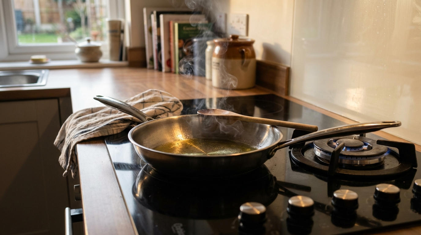 Unattended cooking on stovetop with grease and towel nearby showing residential fire causes in kitchens year-round