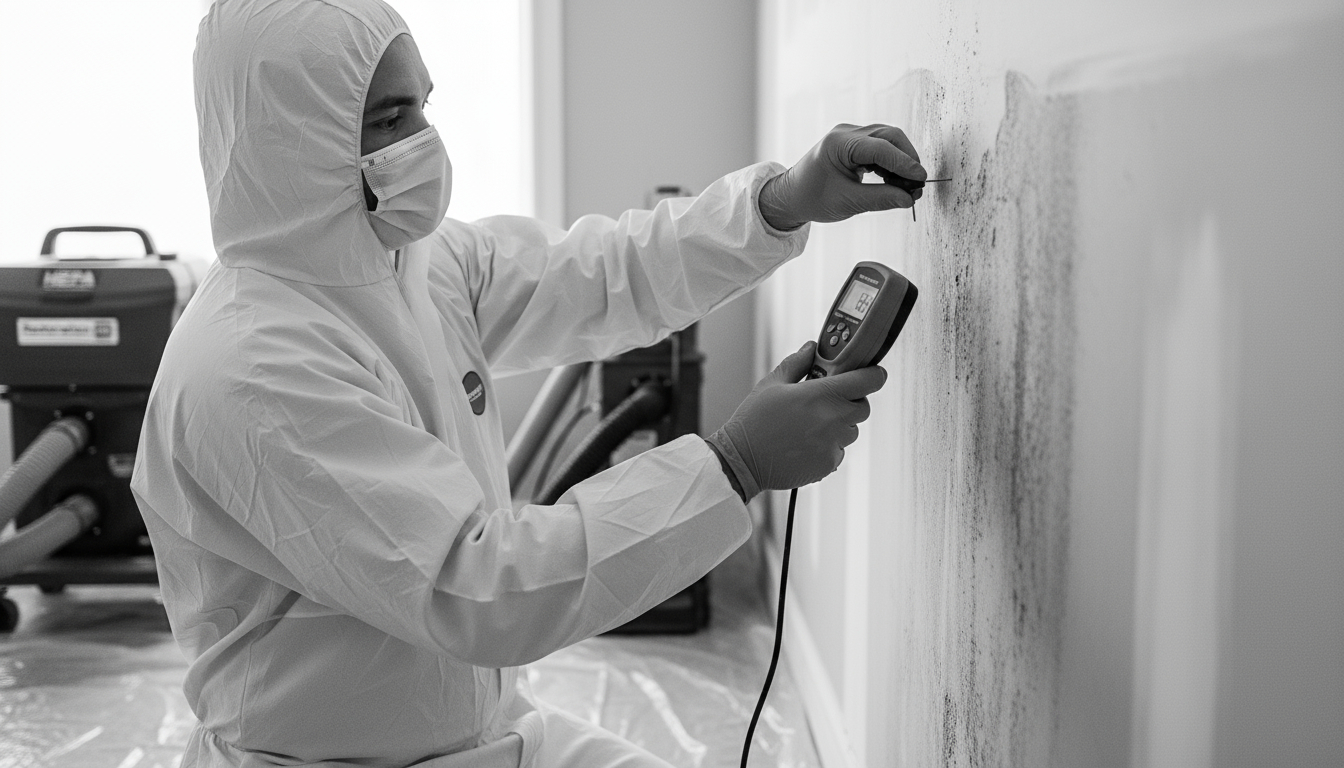 Restoration professional conducting microbial growth assessment using moisture meter on water-damaged wall