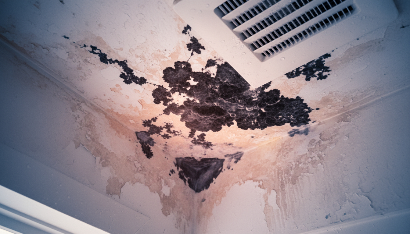 Black mold growth on bathroom ceiling showing moisture damage