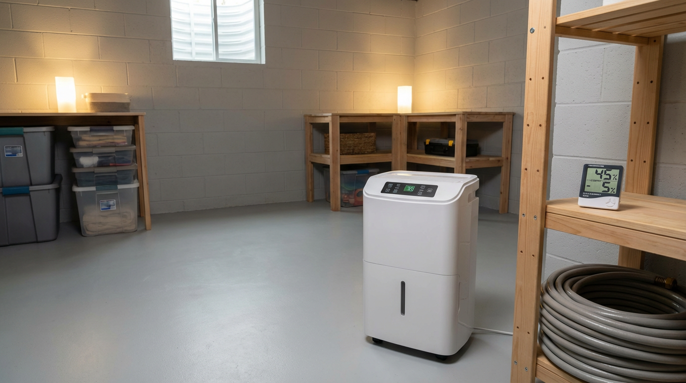 Basement dehumidifier setup following mold prevention tips for Fairfield to prevent mold in home in Fairfield basements