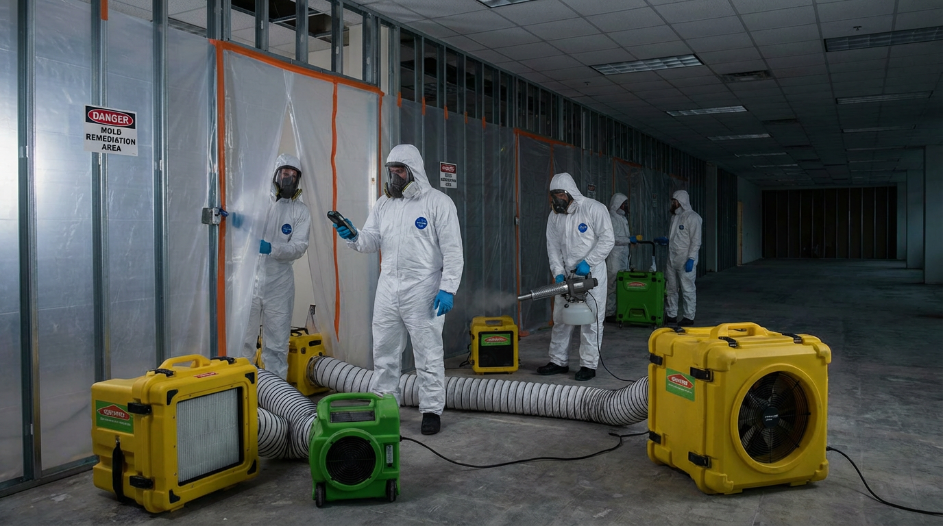 Commercial mold removal in Harrisburg technicians in protective gear performing commercial mold remediation in Harrisburg office building
