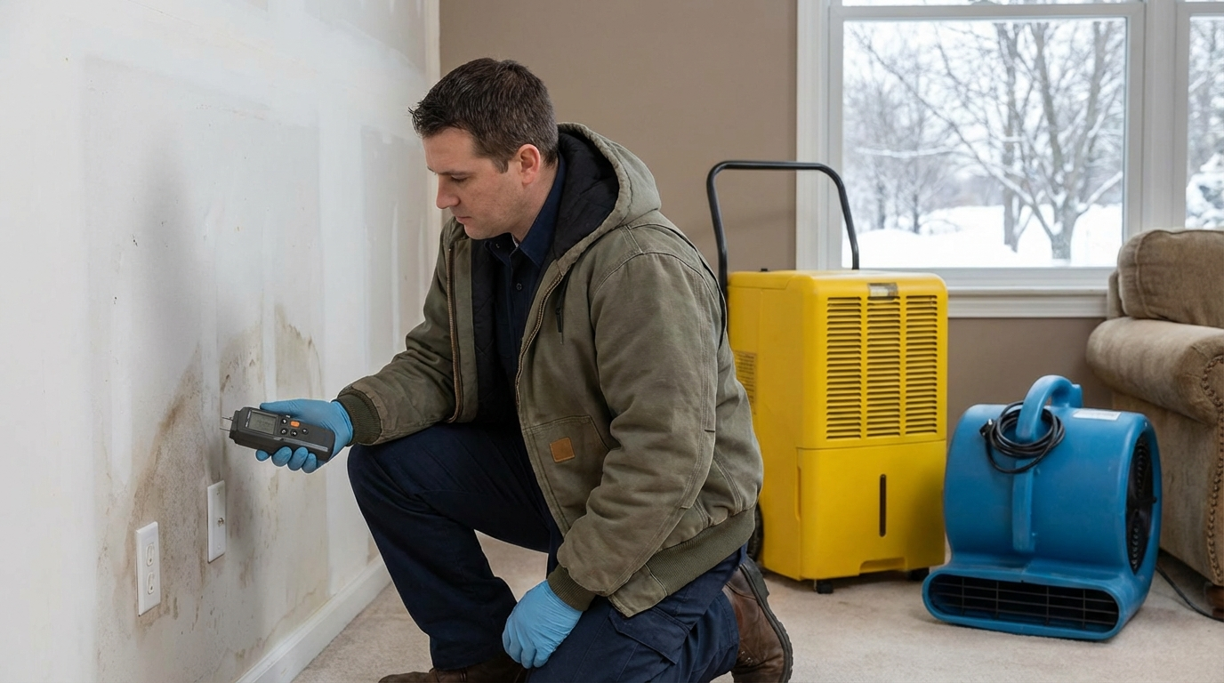 New Year water damage cleanup professional assessing water damage after holidays in Fairfield NJ home
