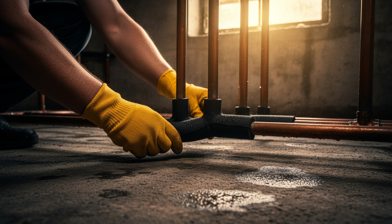 Homeowner installing foam insulation on basement pipes to prevent freezing