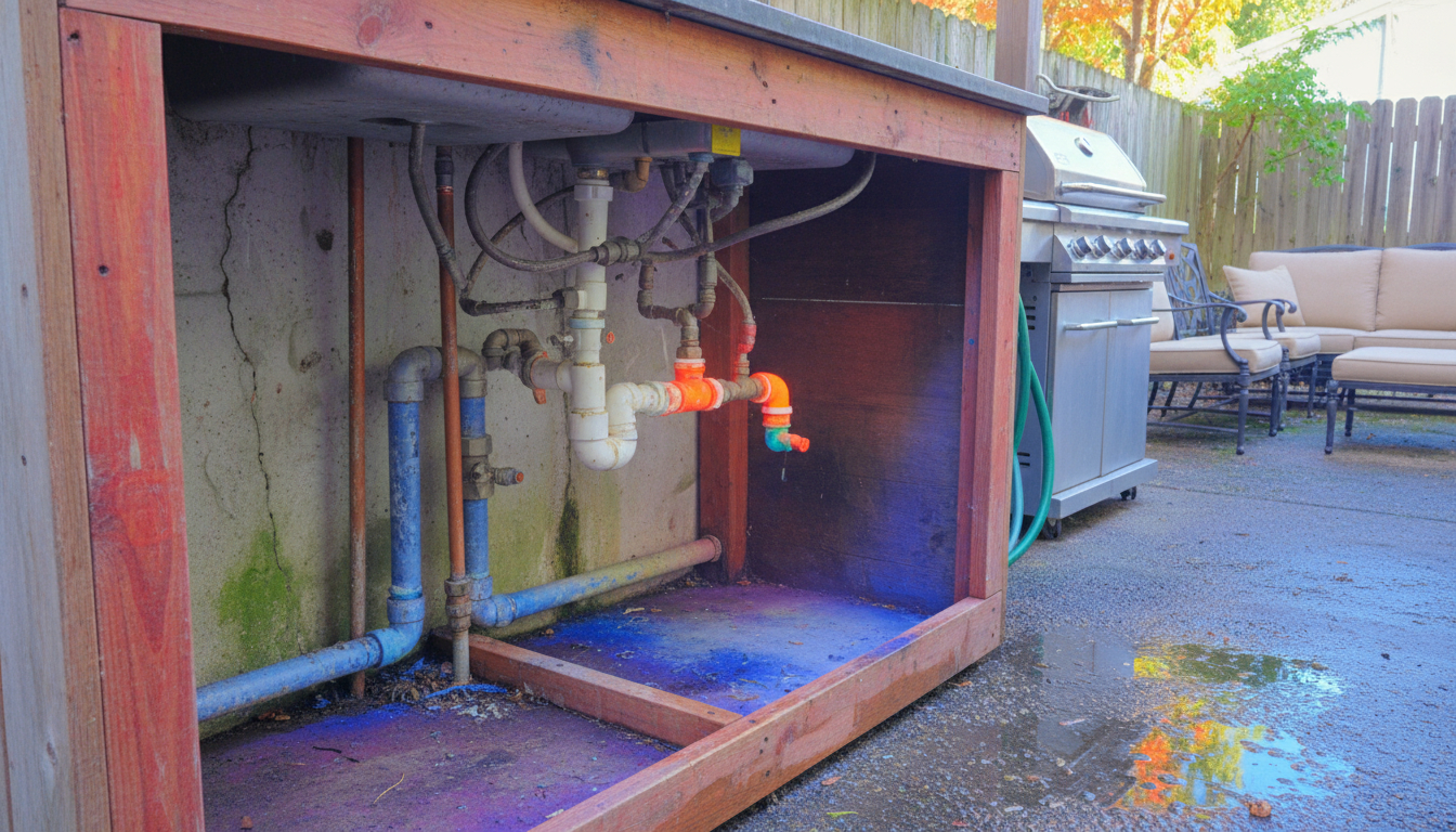 Open kitchen cabinet doors allowing warm air to circulate around pipes