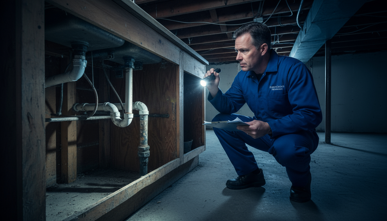 Professional water damage restoration specialist inspecting home pipes