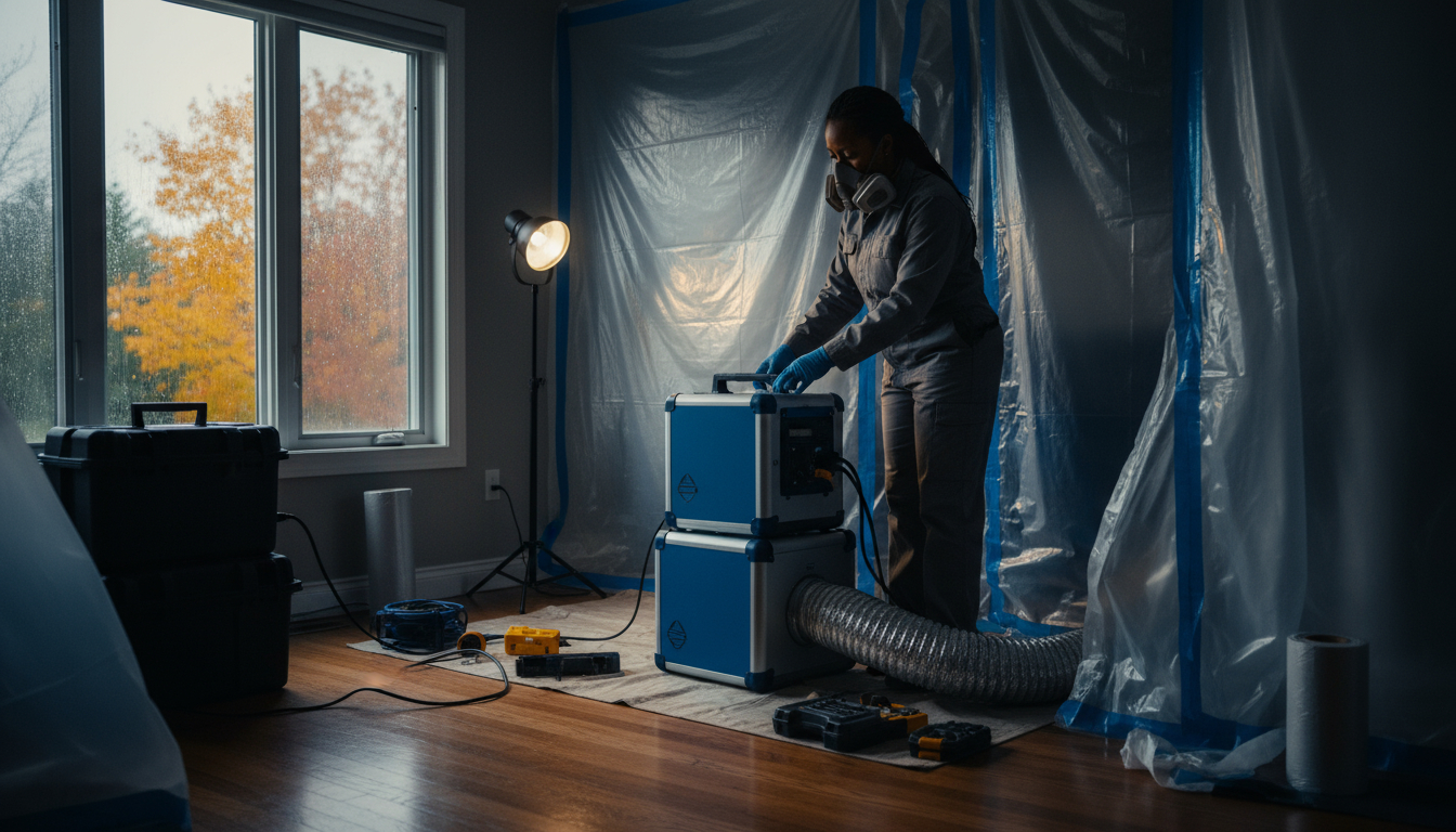 Professional mold remediation team setting up containment barriers and air filtration equipment