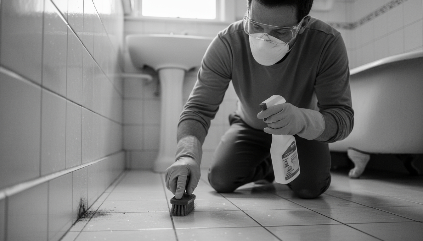 Homeowner safely cleaning small mold spot on bathroom tiles with proper protective equipment