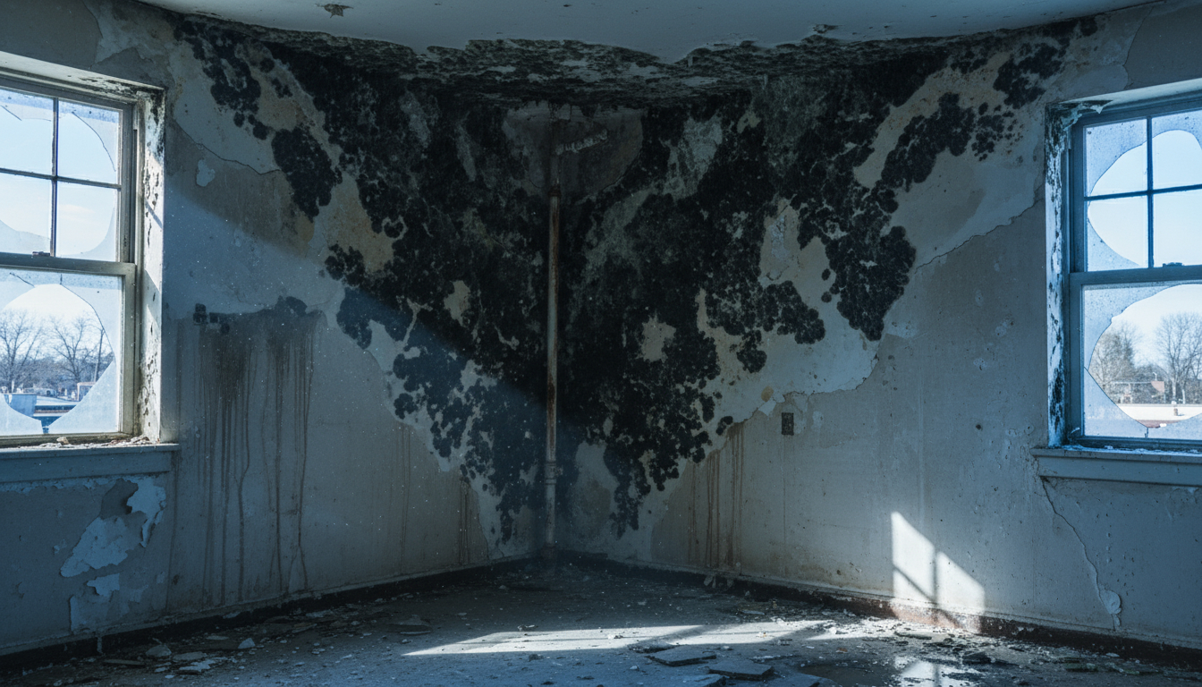 Extensive black mold growth on walls and ceiling requiring professional remediation services
