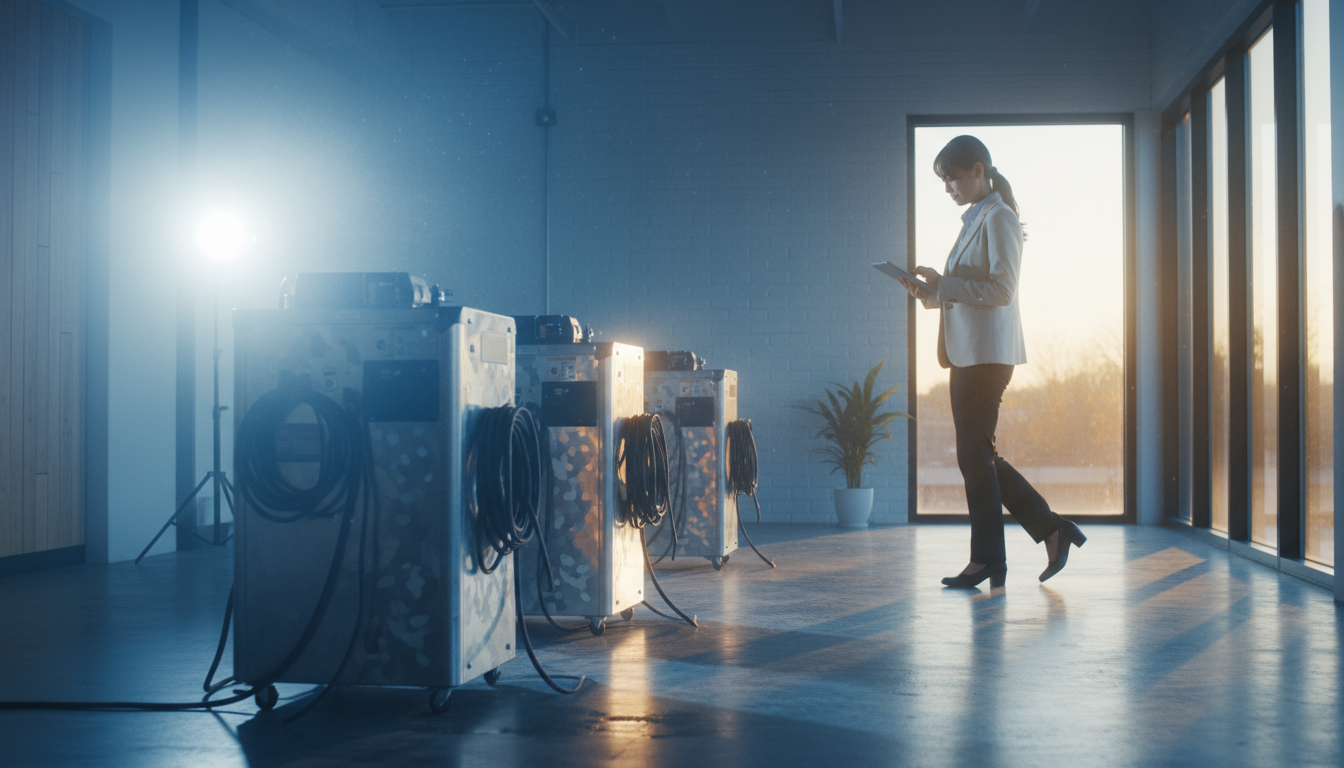 Commercial dehumidification equipment deployed in office building restoration project psychrometric principles