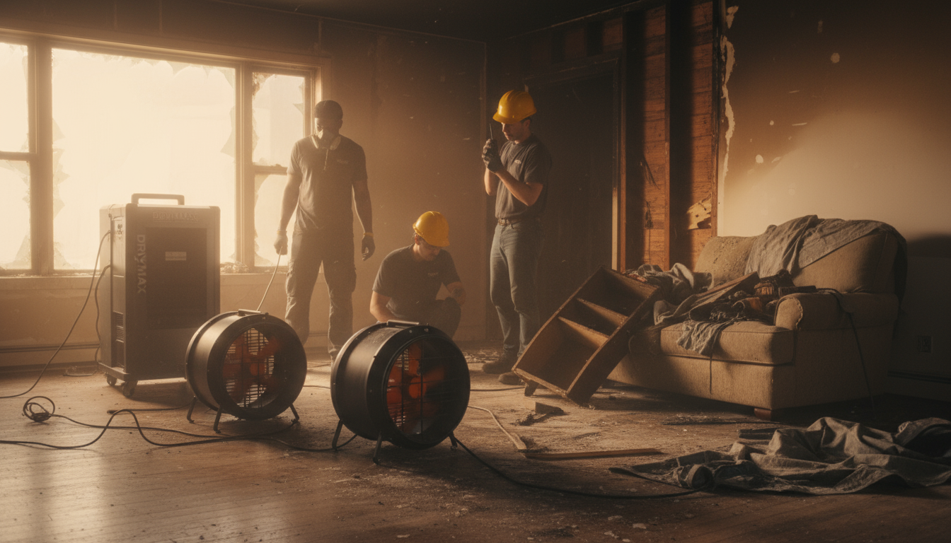 Professional fire damage cleanup equipment in residential property