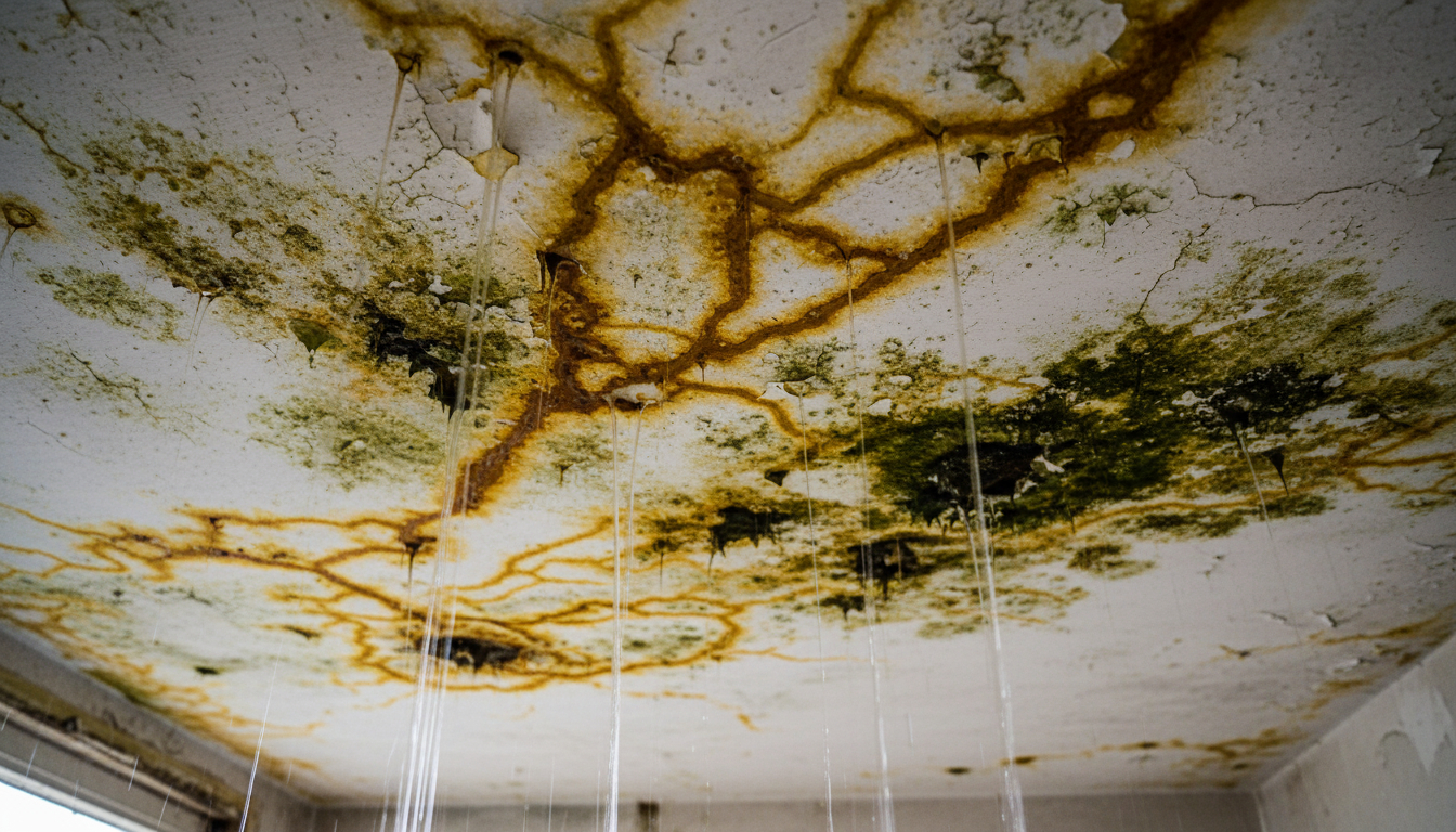 Water stains and peeling paint on ceiling indicating potential hidden mold signs