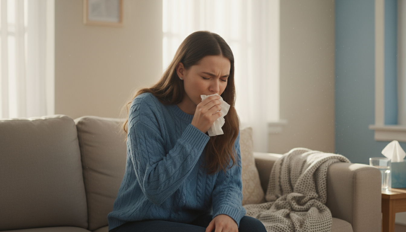 Woman experiencing mold symptoms like sneezing and respiratory issues from hidden mold exposure