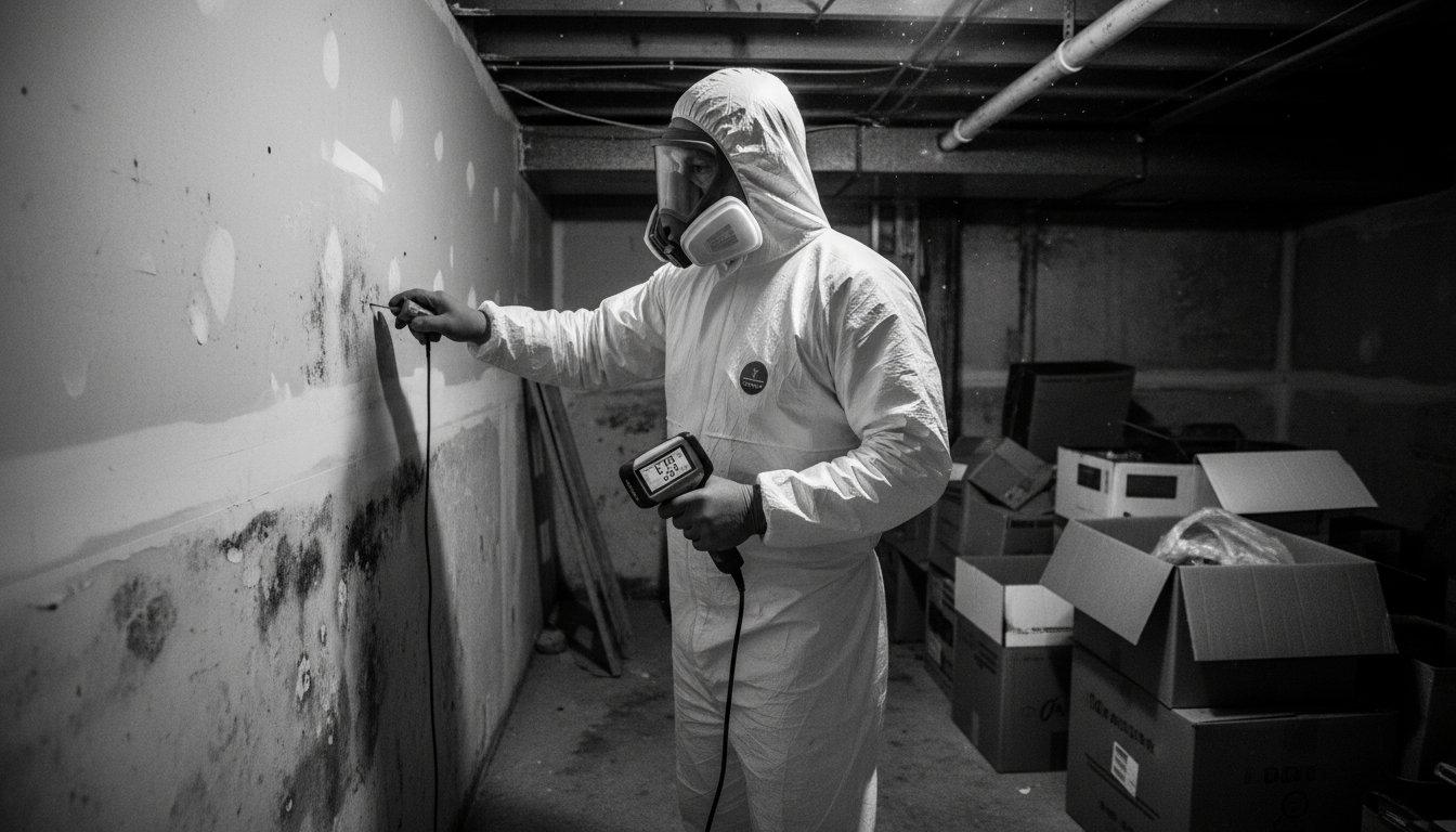 Professional mold remediation specialist using detection equipment to locate hidden mold signs