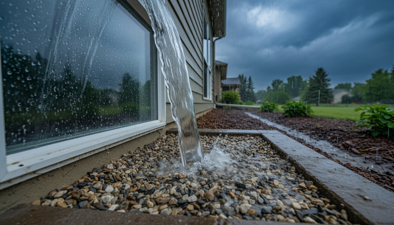 Basement window protected from heavy rain by proper window well drainage and grading