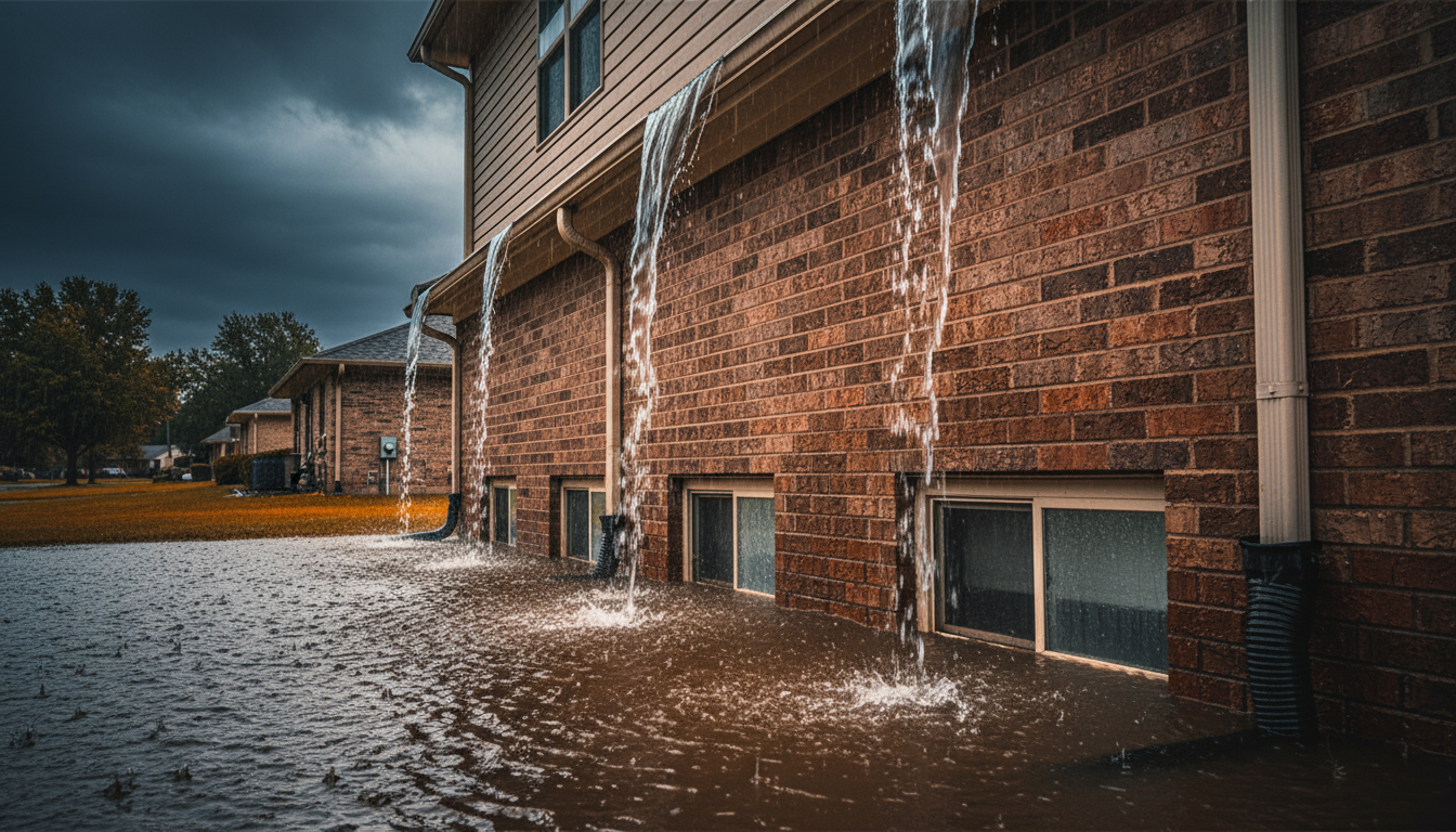 Dangerous water pooling against foundation near basement windows during heavy rain
