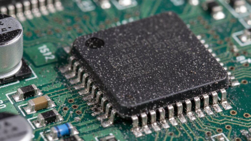 Electronics after fire smoke damaged computer showing soot corrosion