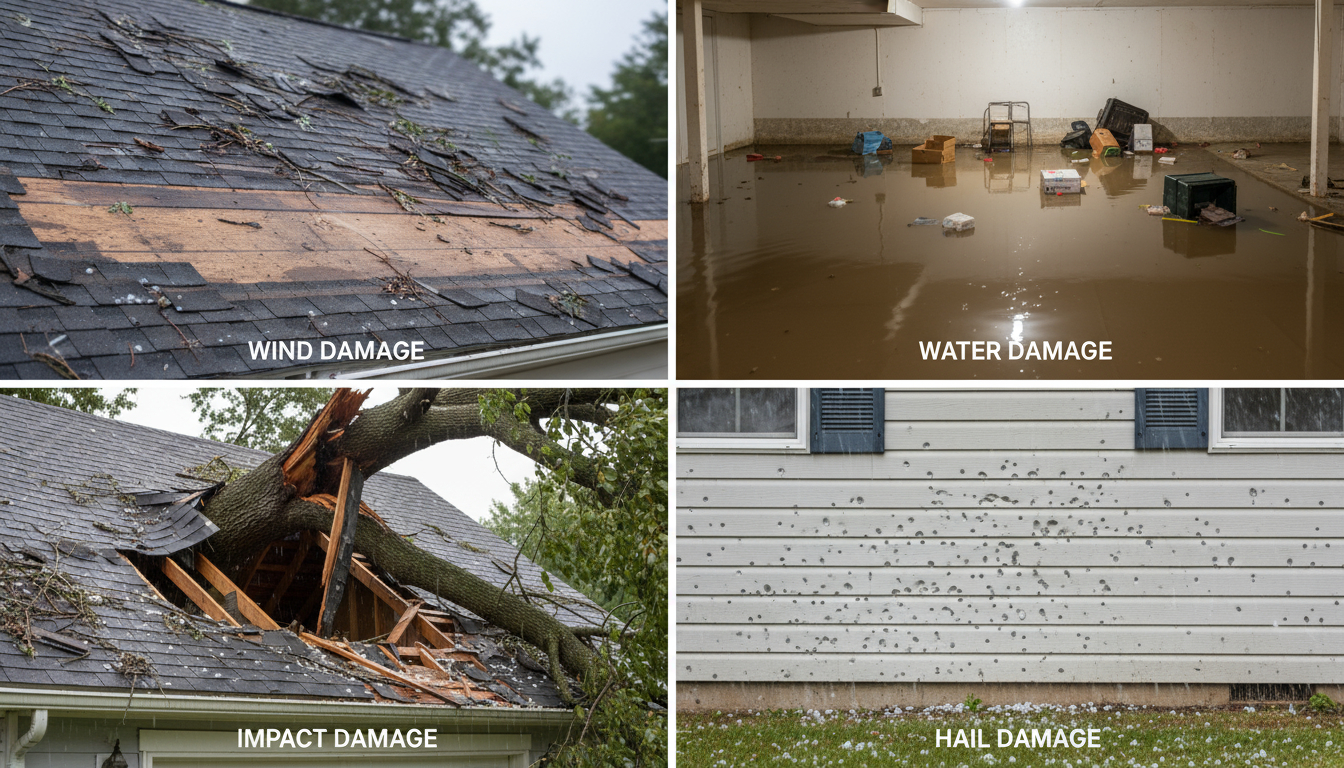 Four-panel grid showing different storm damage types: roof with missing shingles (wind), flooded basement (water), tree through roof (impact), hail-damaged siding, each clearly labeled.