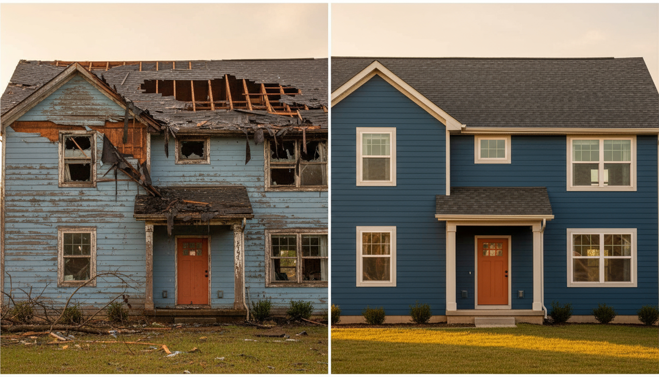 Split image of storm-damaged house showing destroyed roof and siding on left, same house fully restored with new roof and siding on right, dramatic transformation, same angle and lighting, professional real estate photography