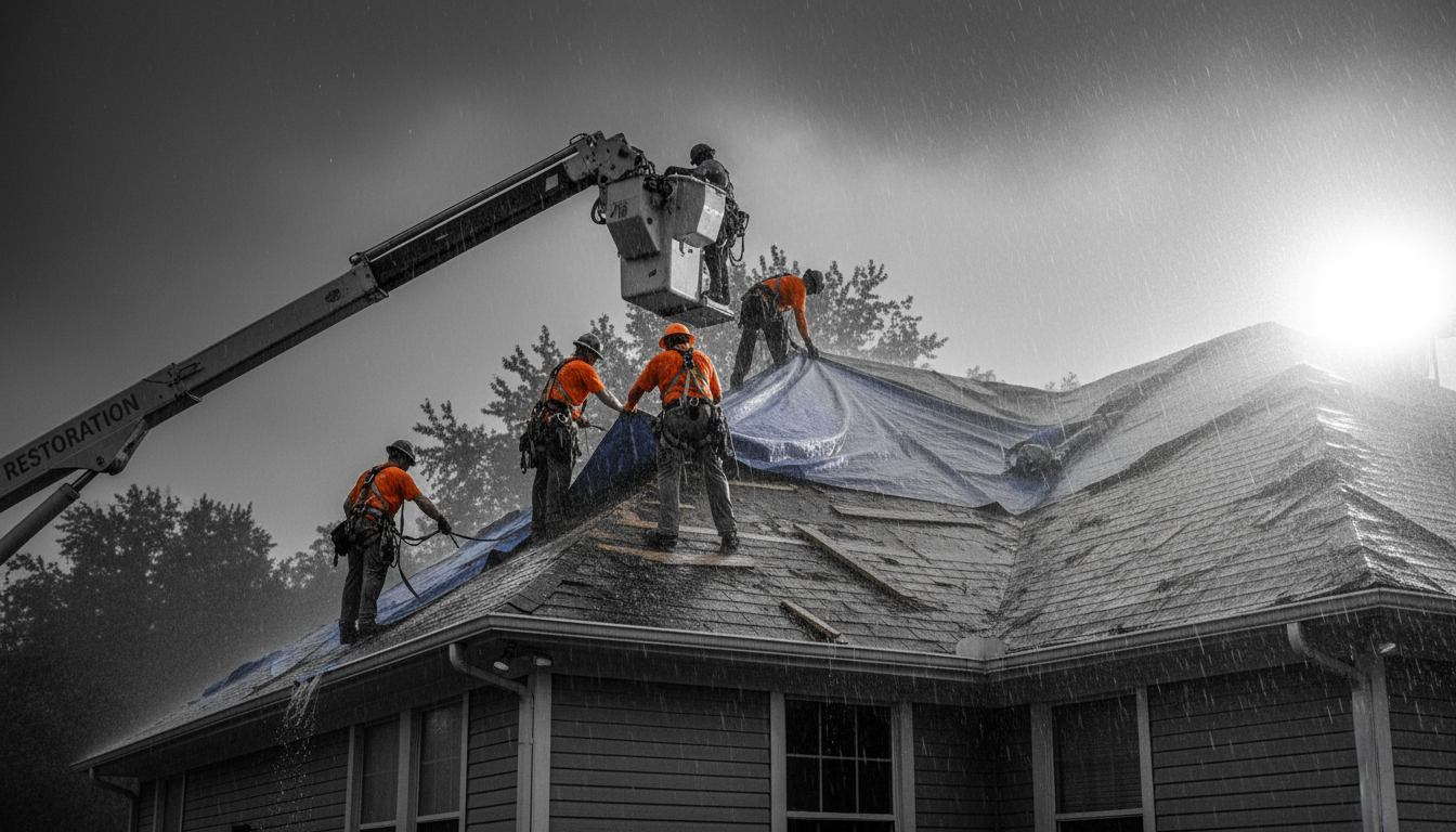Restoration crew installing blue roof tarp on storm-damaged house, boom truck visible, workers in safety gear, professional action photography showing immediate response.