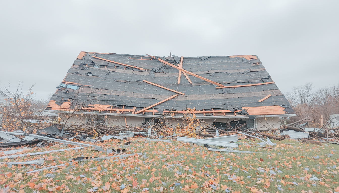 Storm damaged roof requiring professional restoration services
