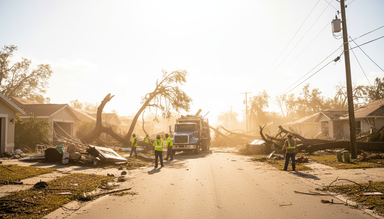 Storm damage cleanup and debris removal in residential neighborhood
